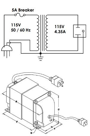 Diagram of isolation transformer with shield covers over the end caps