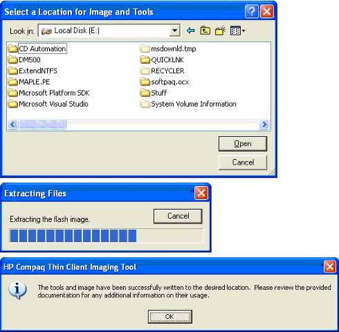Illustration of dialog boxes shown during Deployment - select a folder to store extracted files in, then click Open or press Alt and O.